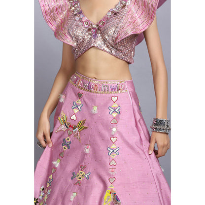 Arpita Sulakshana Cameo Pink Handpainted Lehenga Blouse and Dupatta (Set of 3)