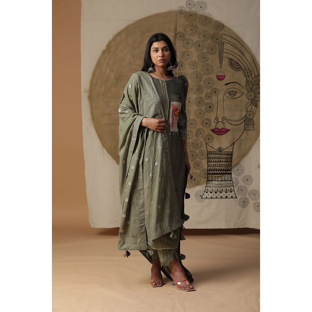 Arpita Sulakshana Olive Green Handpainted Suit (Set of 3)