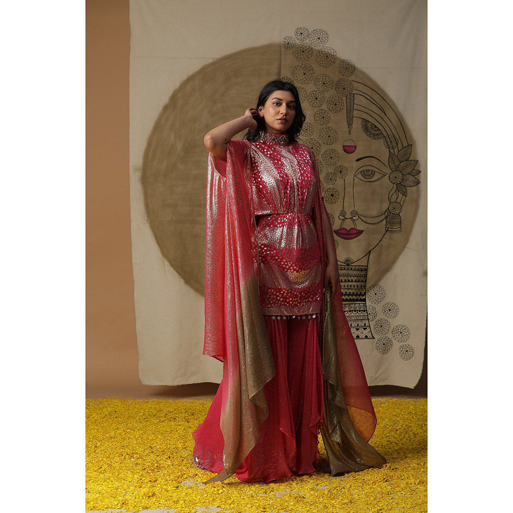 Arpita Sulakshana Red Kurta Sharara with Cape (Set of 3)