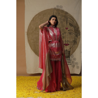 Arpita Sulakshana Red Kurta Sharara with Cape (Set of 3)