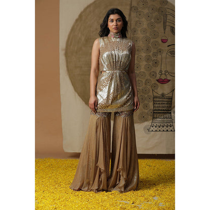 Arpita Sulakshana Dusty Brown Kurta Sharara with Cape (Set of 3)