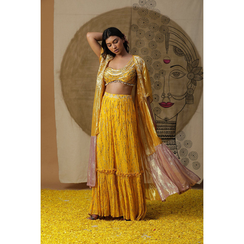 Arpita Sulakshana Marigold Yellow Blouse Lehenga with Cape (Set of 3)