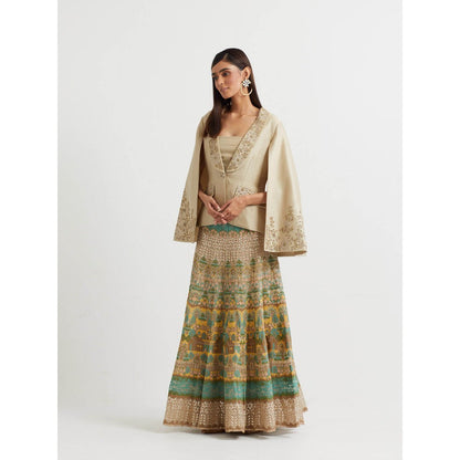 KAVITA BHARTIA Embroidered Jacket with Skirt in Beige (Set of 2)