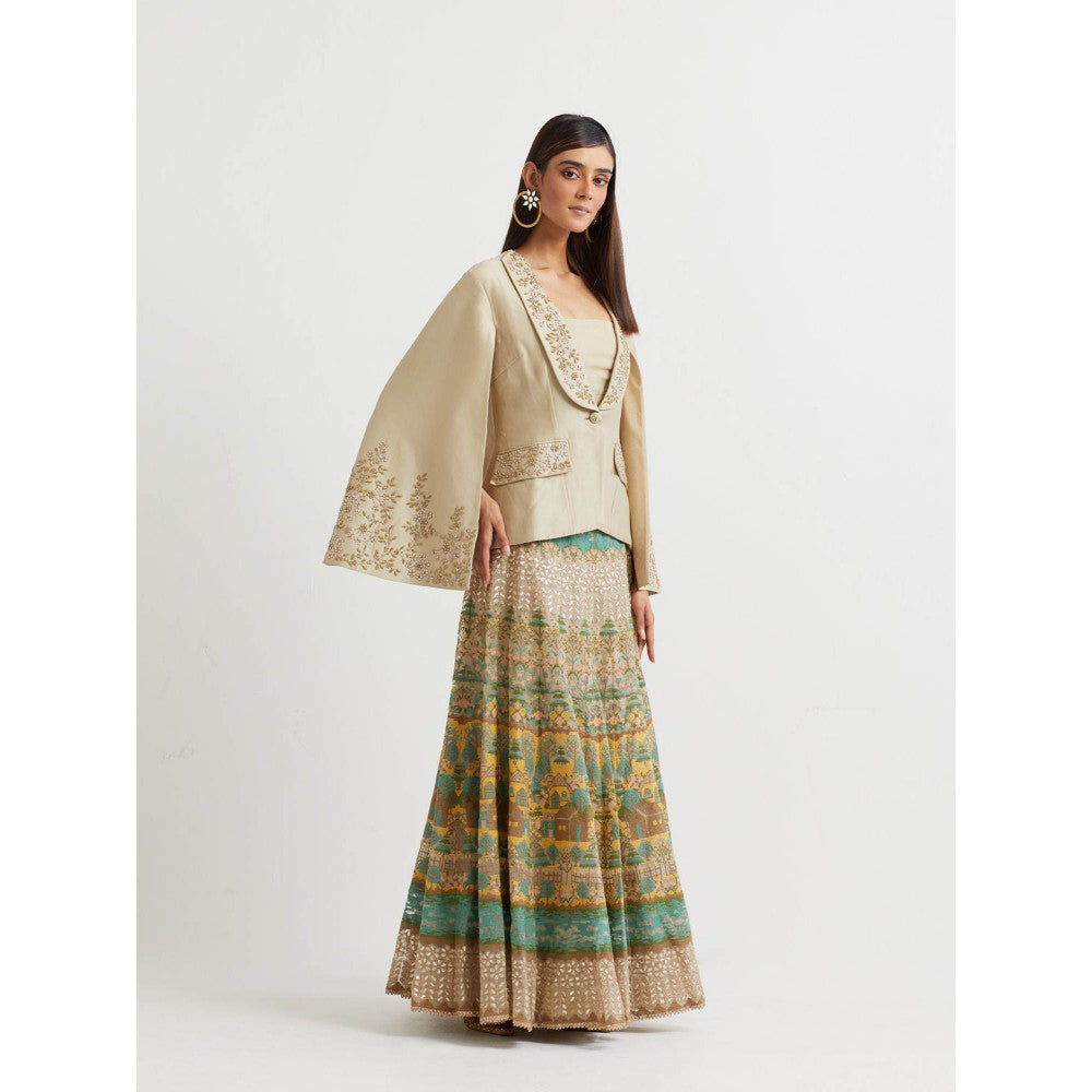 KAVITA BHARTIA Embroidered Jacket with Skirt in Beige (Set of 2)