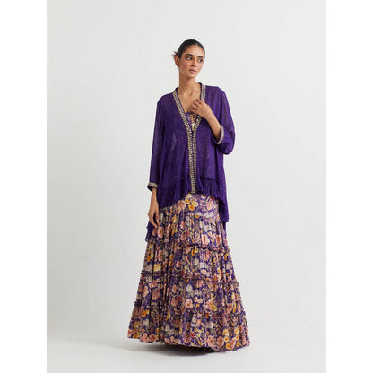 KAVITA BHARTIA Jacket with Floral Skirt in Purple (Set of 2)