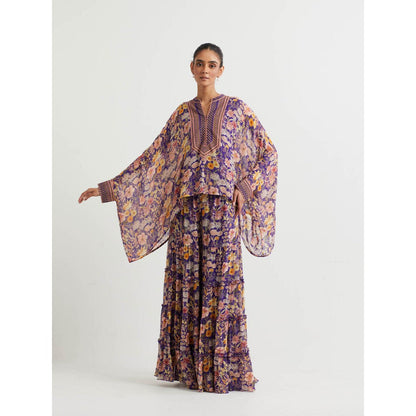 KAVITA BHARTIA Floral Poncho with Sharara in Purple (Set of 2)