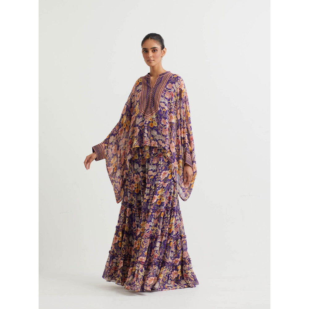 KAVITA BHARTIA Floral Poncho with Sharara in Purple (Set of 2)