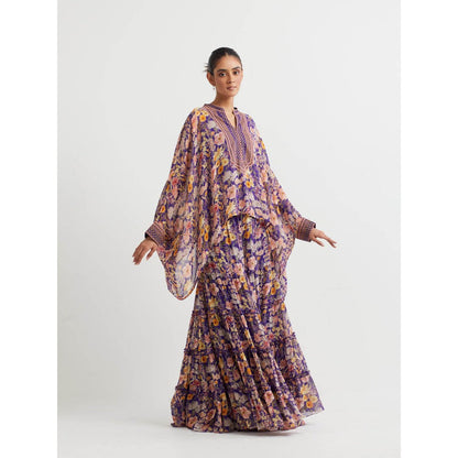 KAVITA BHARTIA Floral Poncho with Sharara in Purple (Set of 2)