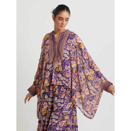 KAVITA BHARTIA Floral Poncho with Sharara in Purple (Set of 2)