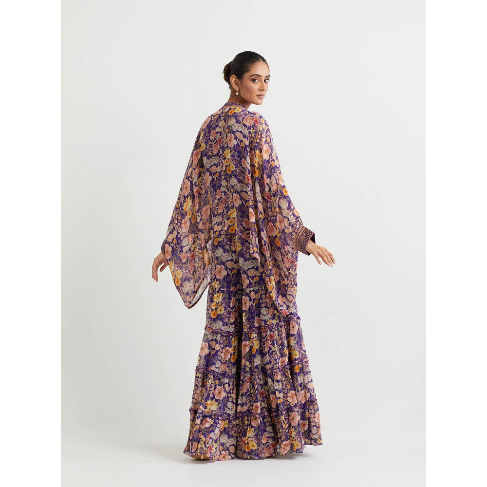 KAVITA BHARTIA Floral Poncho with Sharara in Purple (Set of 2)