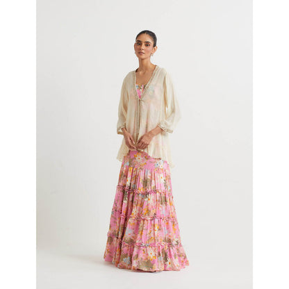 KAVITA BHARTIA Mirror Work Jacket with Skirt and Top in Pink (Set of 3)