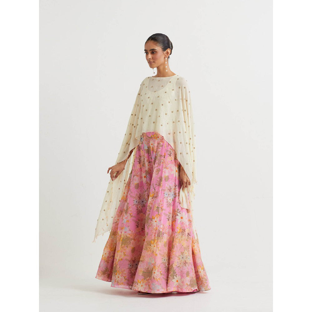 KAVITA BHARTIA Cape with Floral Sharara in Pink (Set of 3)