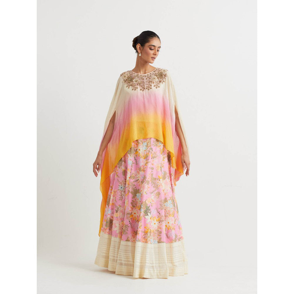 KAVITA BHARTIA Cape with Floral Skirt in Pink (Set of 2)
