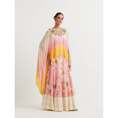 KAVITA BHARTIA Cape with Floral Skirt in Pink (Set of 2)