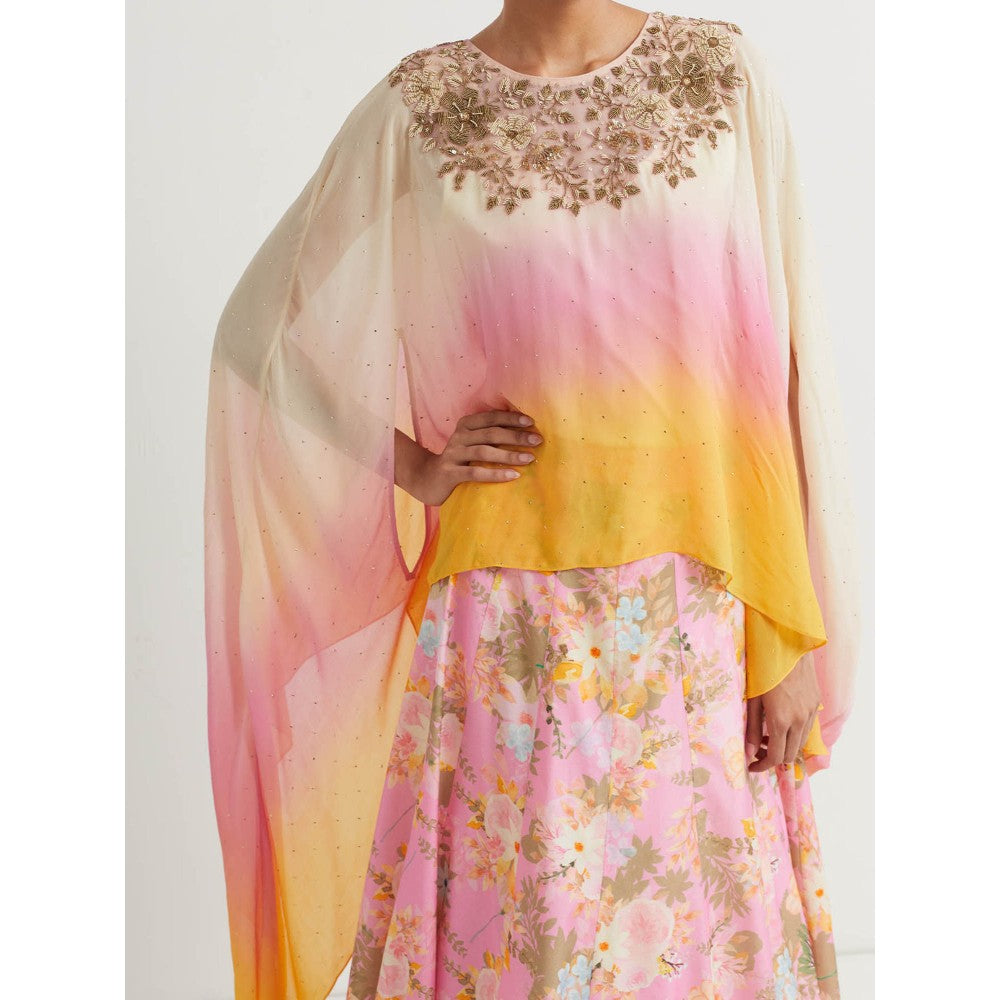 KAVITA BHARTIA Cape with Floral Skirt in Pink (Set of 2)