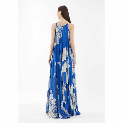 KoAi Blue and White Floral Sleeveless Long Dress