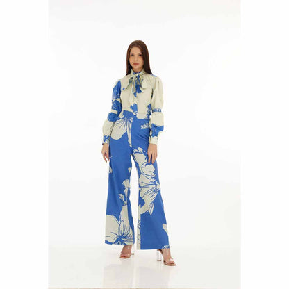 KoAi White and Blue Floral Bow Tie Shirt
