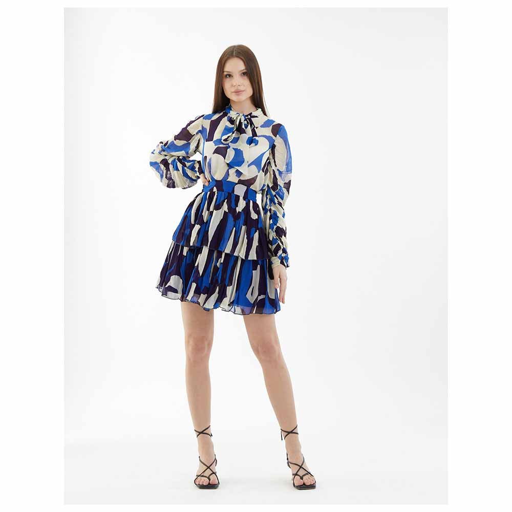 KoAi White and Blue Abstract Bow Tie Top