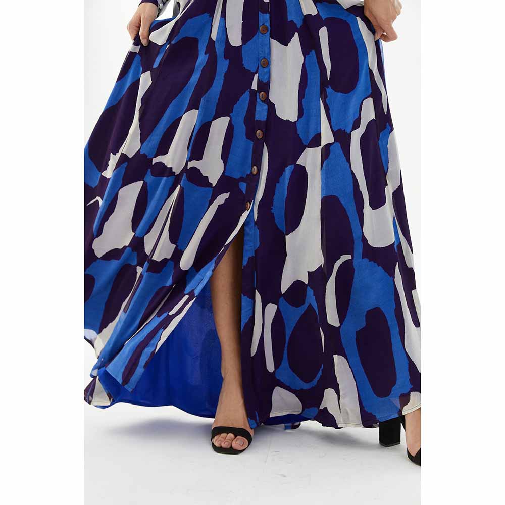 KoAi Blue and White Abstract Long Shirt Dress