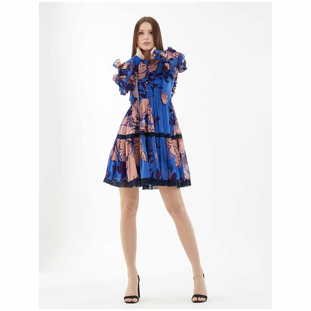 KoAi Blue and Orange Floral Short Dress