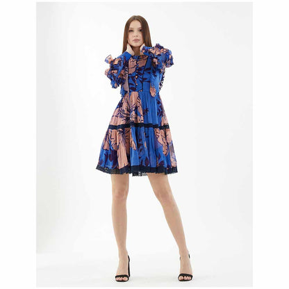KoAi Blue and Orange Floral Short Dress