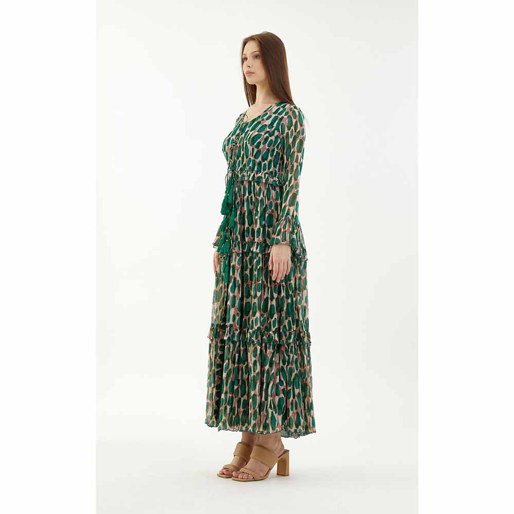 KoAi Green and Peach Front Open Frill Dress