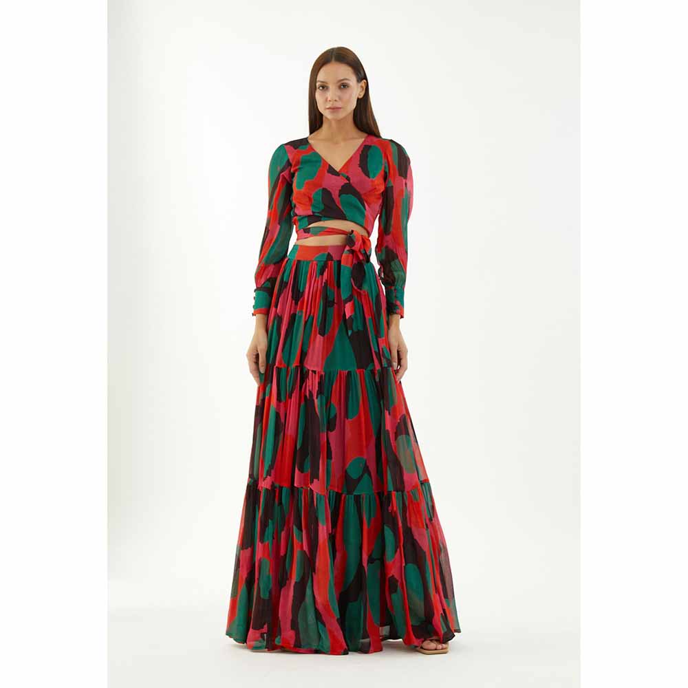 KoAi Red, Green and Black Abstract Layer Skirt