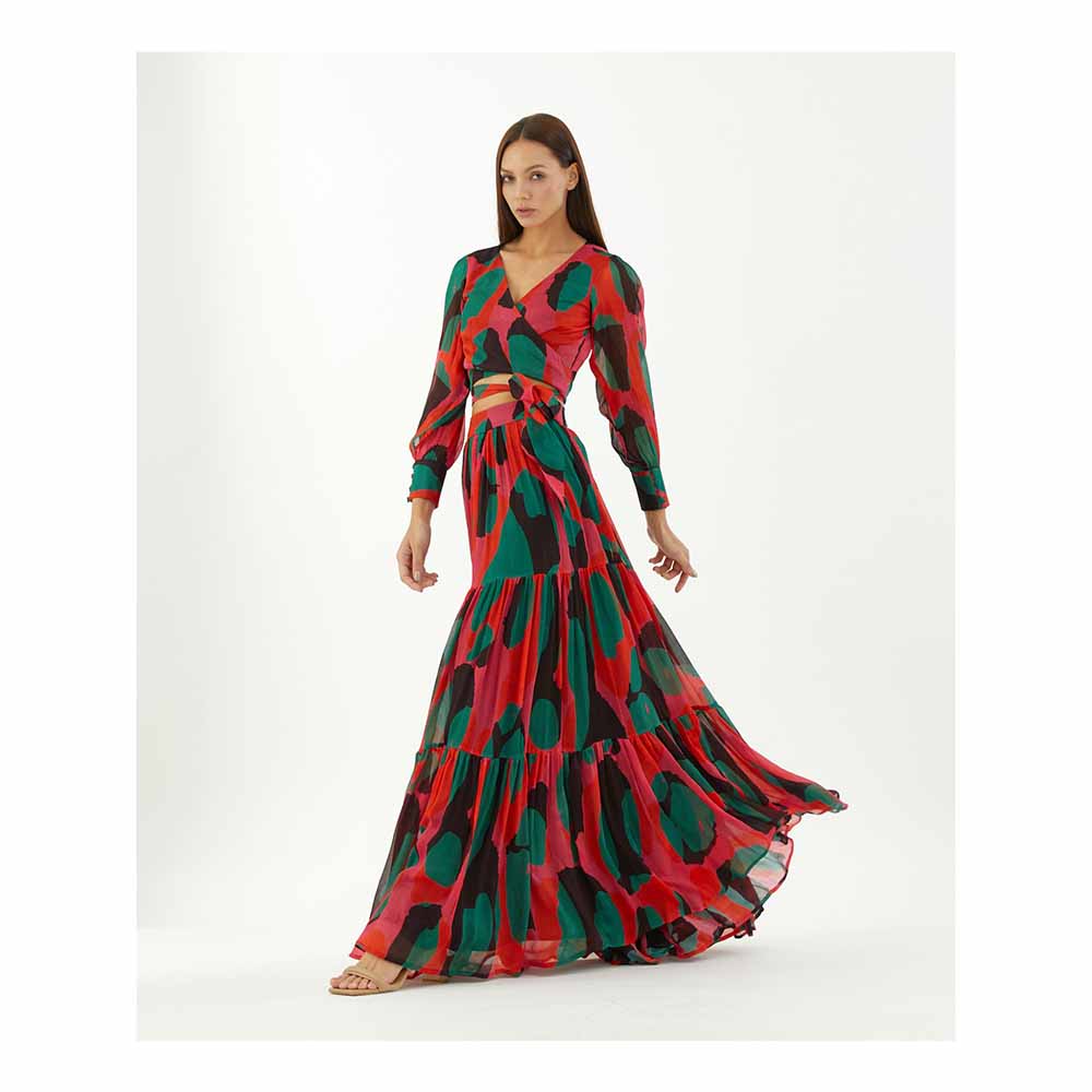KoAi Red, Green and Black Abstract Layer Skirt