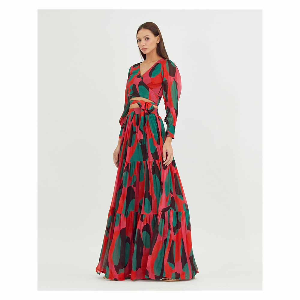 KoAi Red, Green and Black Abstract Layer Skirt
