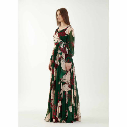 KoAi Green, Red and Off-White Long Floral Dress
