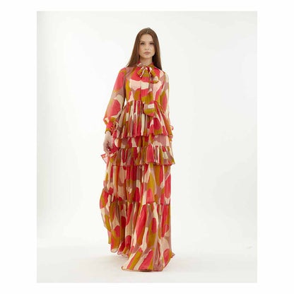 KoAi Mustard, Pink and Off-White Frill Dress