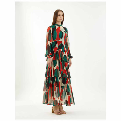 KoAi Off-White, Green, Black and Red Abstract Frill Dress