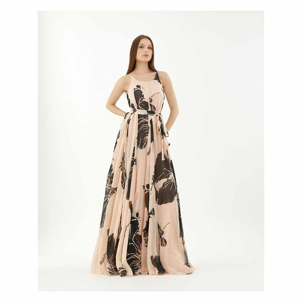 KoAi Pink and Black Floral Long Flare Dress (Set of 2)