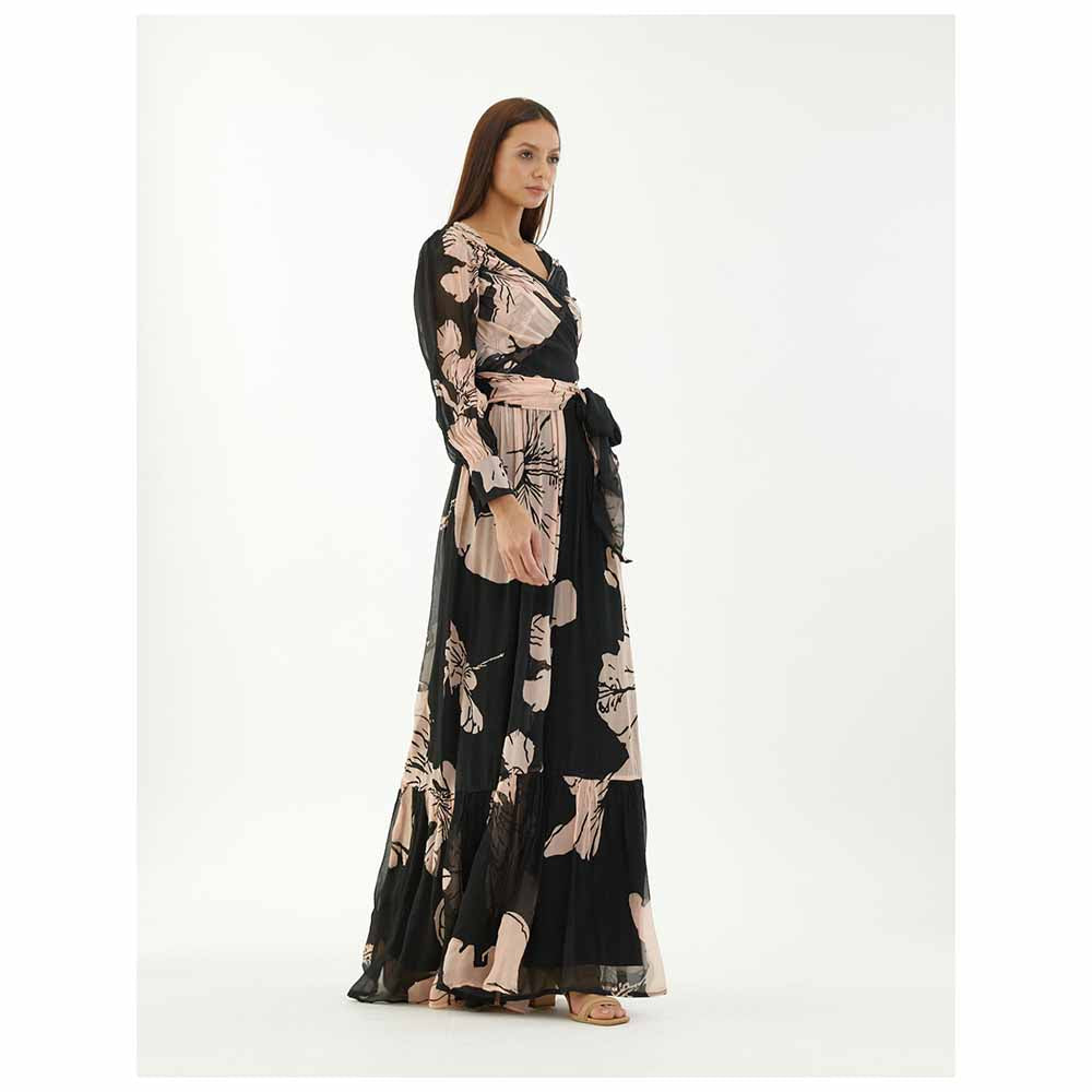 KoAi Black and Pink Floral Wrap Jumpsuit
