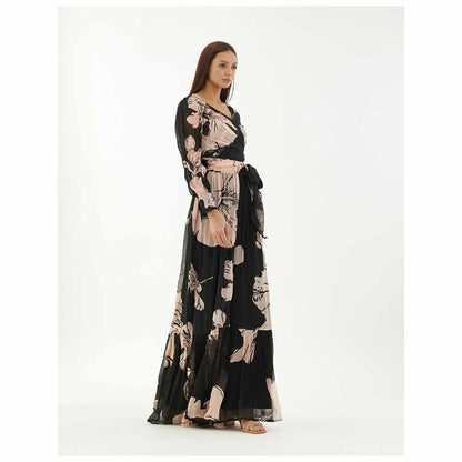 KoAi Black and Pink Floral Wrap Jumpsuit