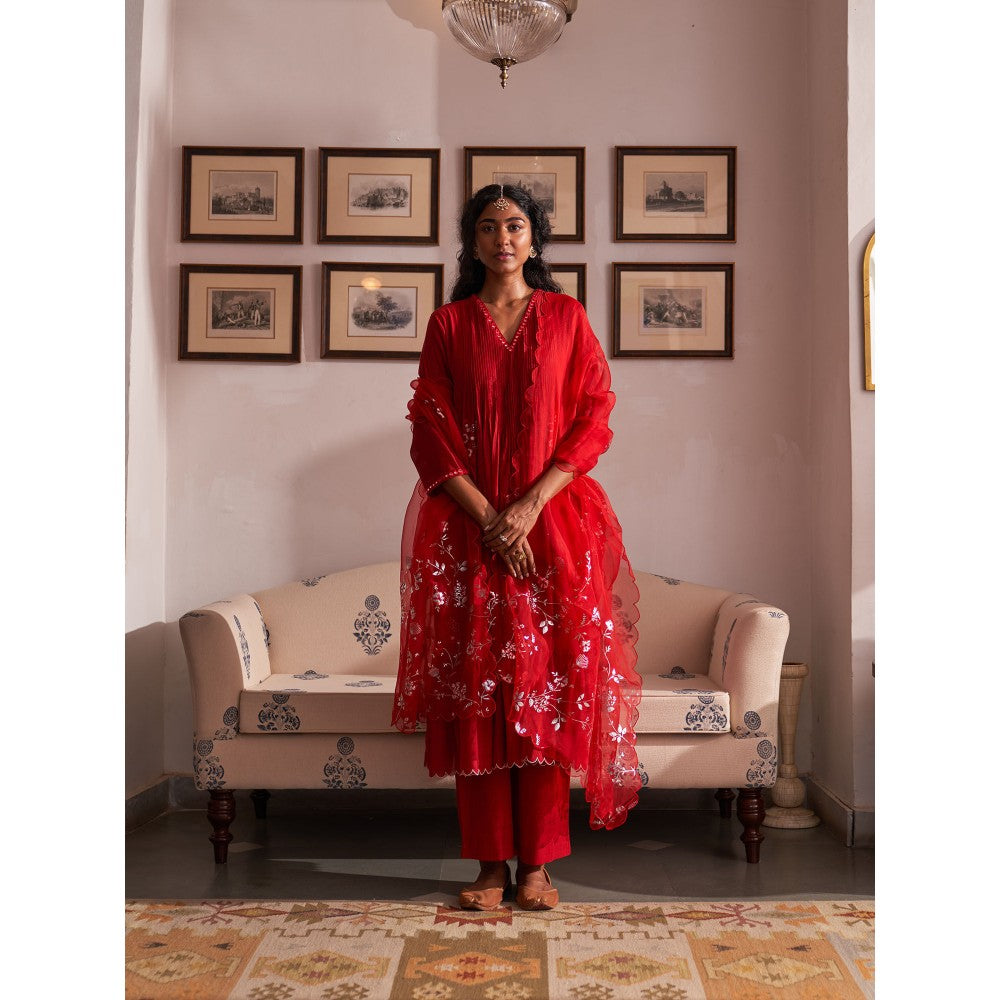 Label Earthen Red Anarkali & Pant with Dupatta (Set of 3)