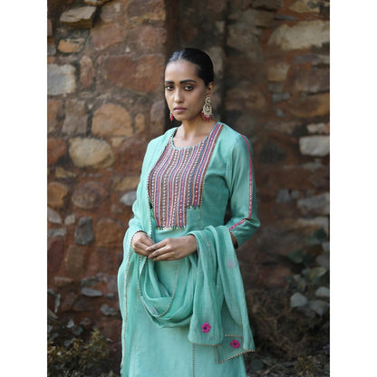 Label Kinjal Modi Rama Kurta with Palazzo and Green Dupatta (Set of 3)