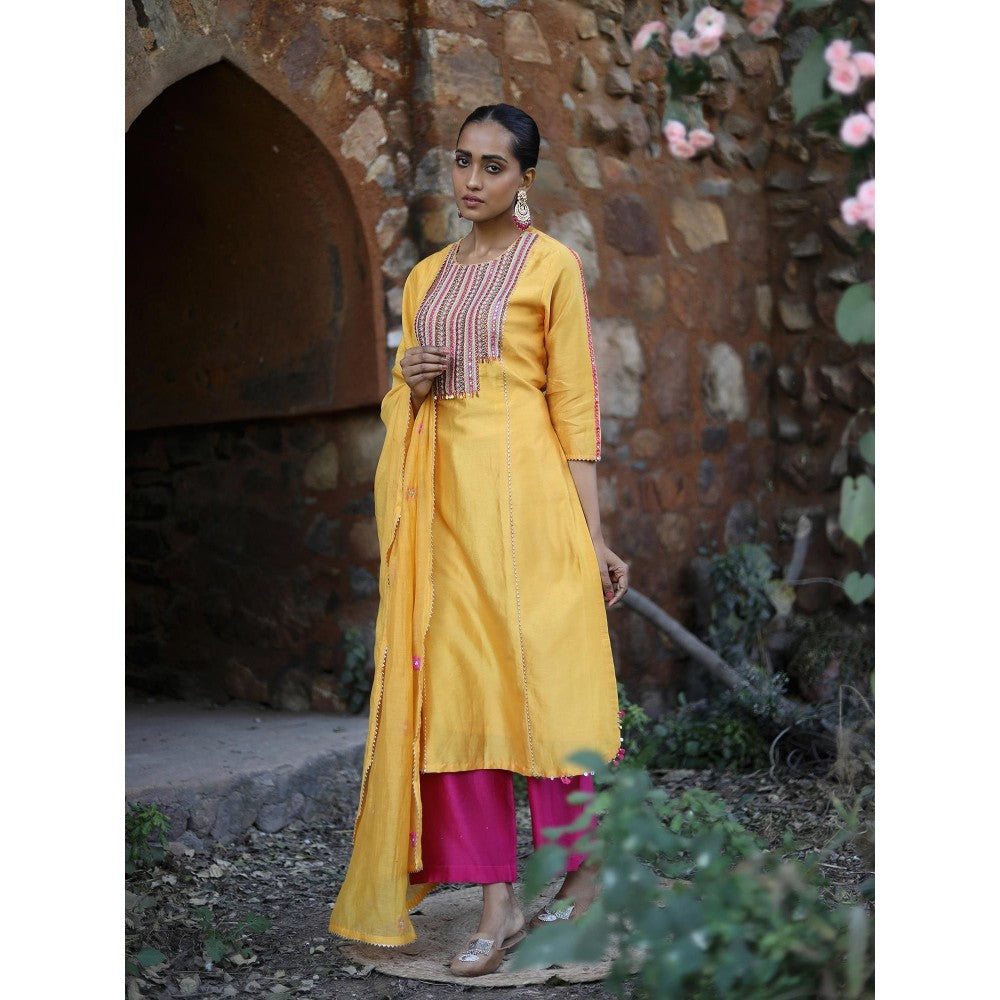 Label Kinjal Modi Yellow Kurta with Palazzo and Rani Pink Dupatta (Set of 3)