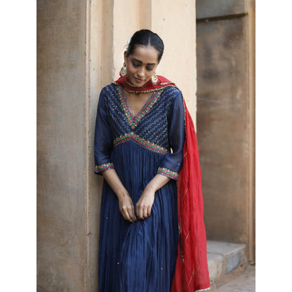 Label Kinjal Modi Fine Chanderi Kurta and Dupatta with Cupro Silk Pant-Navy Blue (Set of 3)