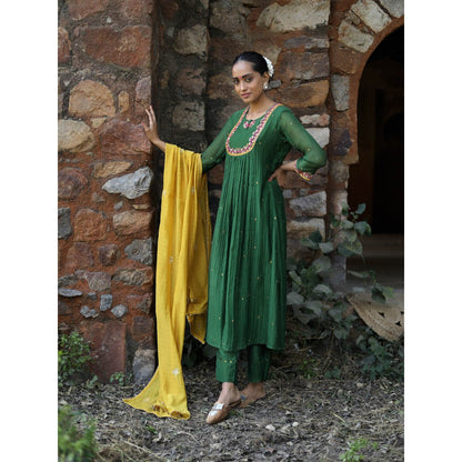 Label Kinjal Modi Fine Chanderi Kurta and Dupatta with Cupro Silk Pant-Green (Set of 3)