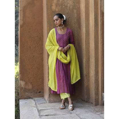 Label Kinjal Modi Fine Chanderi Kurta and Dupatta with Silk Pant-Purple (Set of 3)