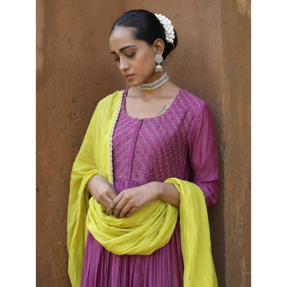 Label Kinjal Modi Fine Chanderi Kurta and Dupatta with Silk Pant-Purple (Set of 3)