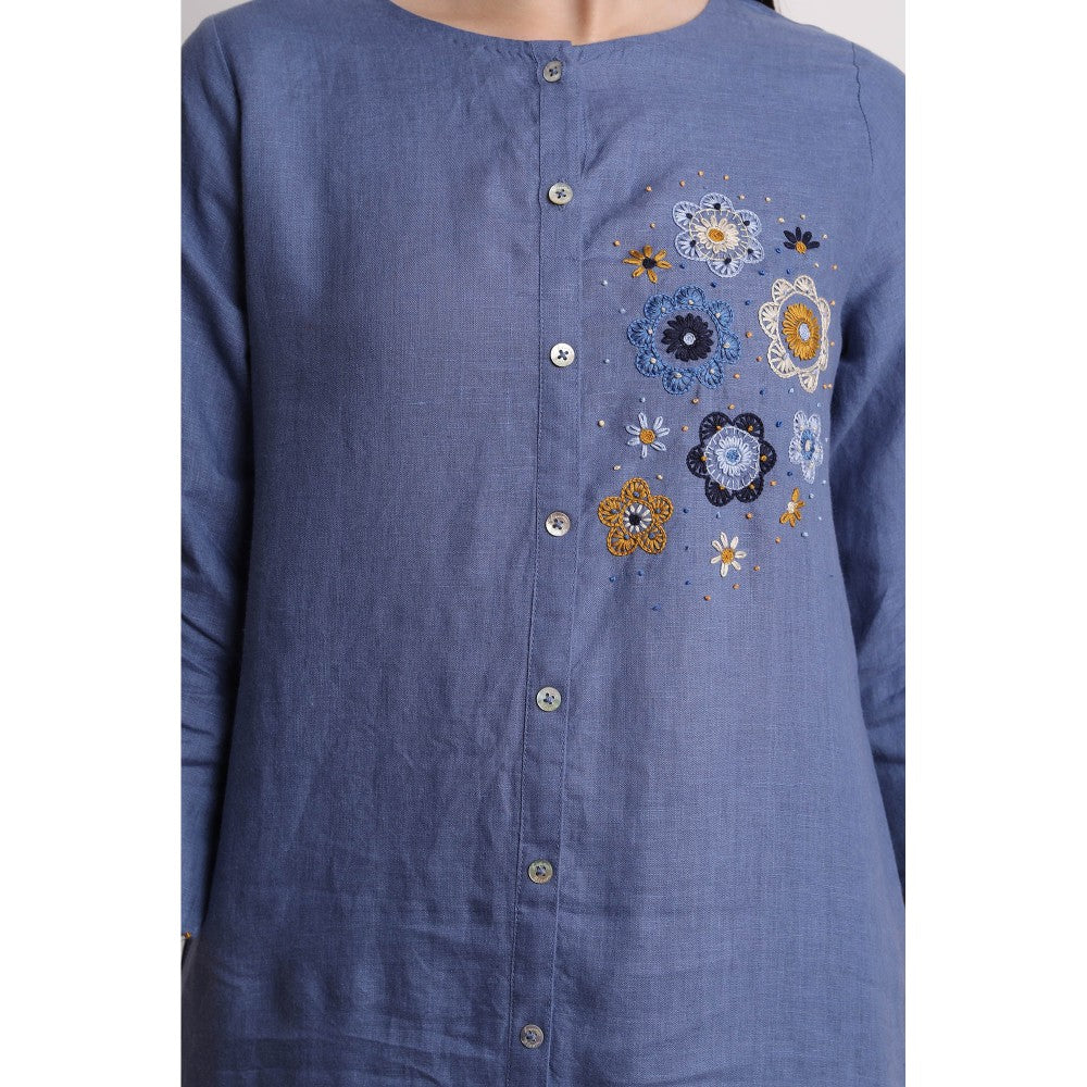 Linen Bloom Blue Floral Embroidered Kurta