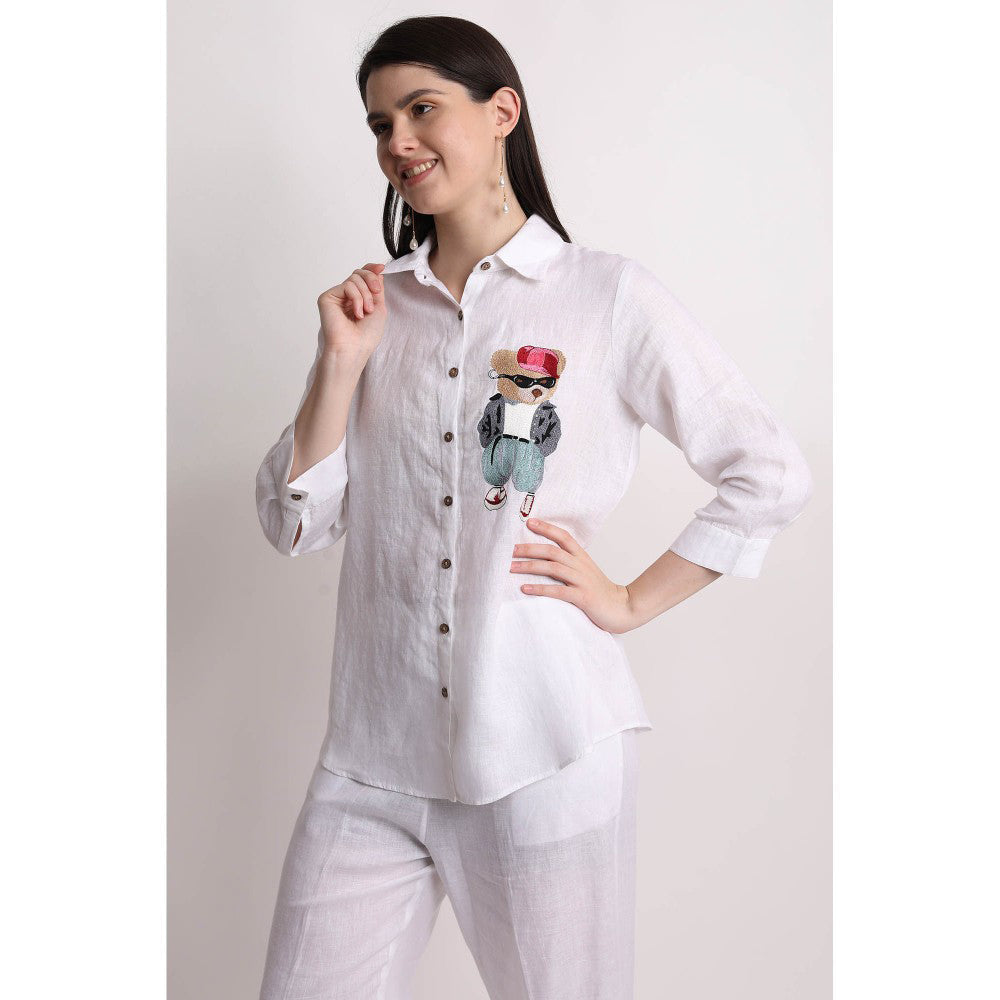 Linen Bloom White Teddy Embroidered Shirt