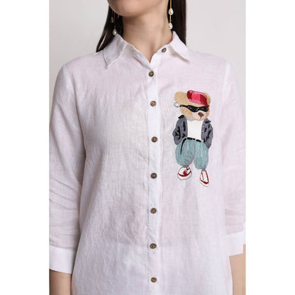 Linen Bloom White Teddy Embroidered Shirt