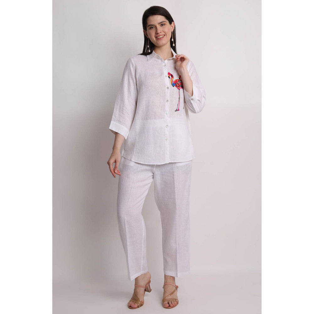 Linen Bloom White Flamingo Embroidered Shirt