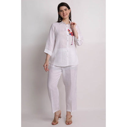 Linen Bloom White Flamingo Embroidered Shirt