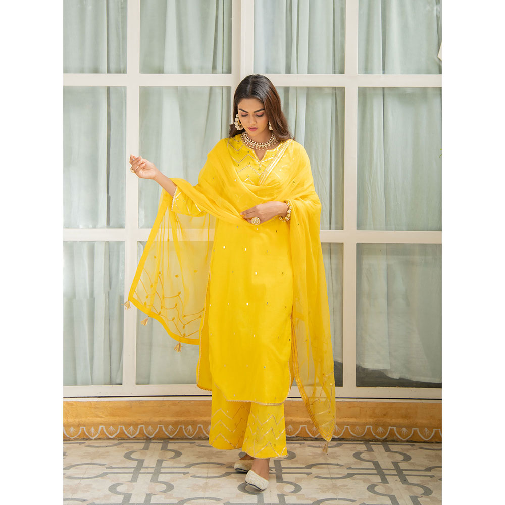 Maison Shefali Noor Haldi Gota Mirror Work Kurta (Set of 3)