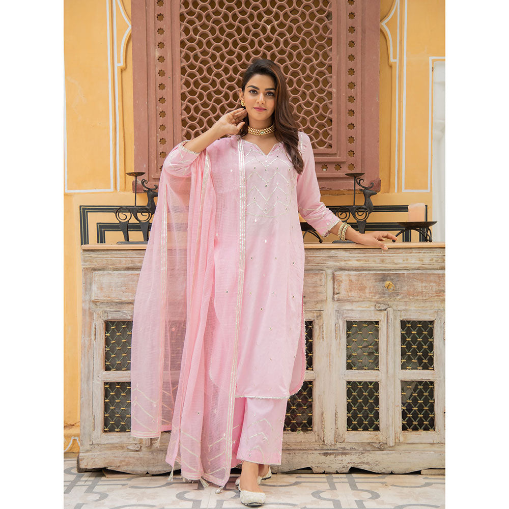 Maison Shefali Noor Gulabi Gota Work Kurta (Set of 3)