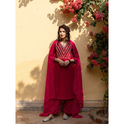 Maison Shefali Roya Gulabi - Velvet Embroidered Kurta & Pant with Dupatta (Set of 3)